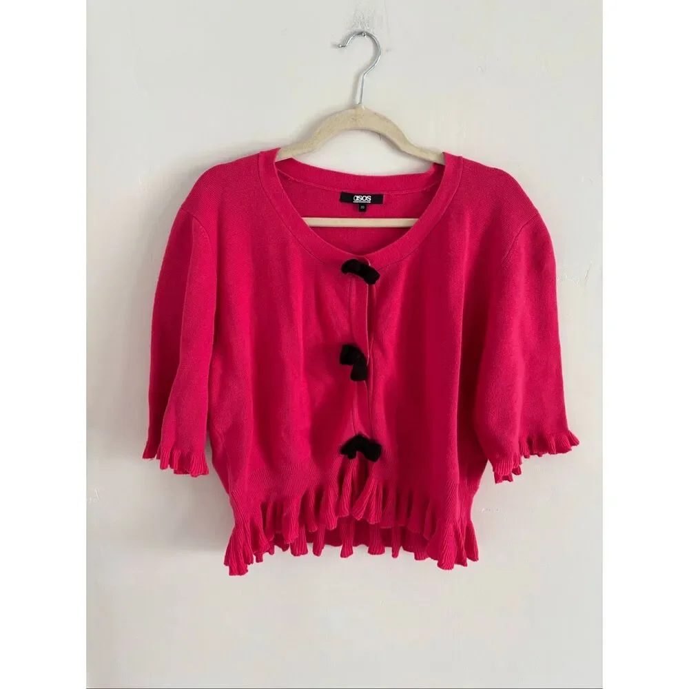 ASOS Hot Pink Button-Up Cardigan Size 20 Flutter Sleeve Front Bow Detail